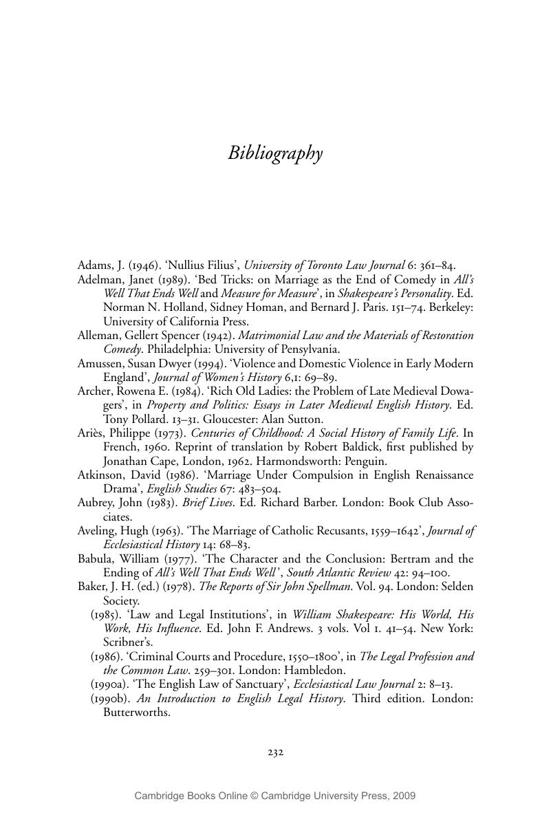 Bibliography Shakespeare Law and Marriage