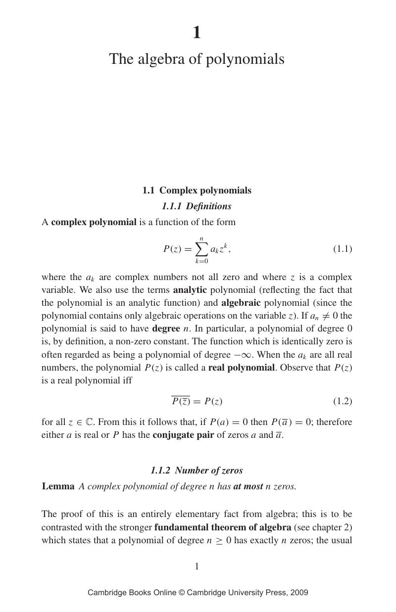 The algebra of polynomials (Chapter 1) - Complex Polynomials