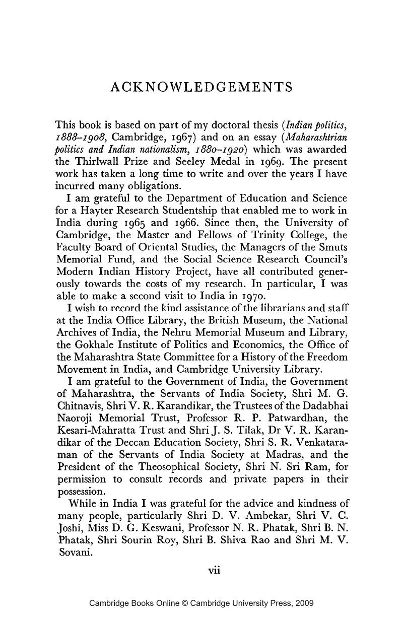 Acknowledgements - Provincial Politics and Indian Nationalism