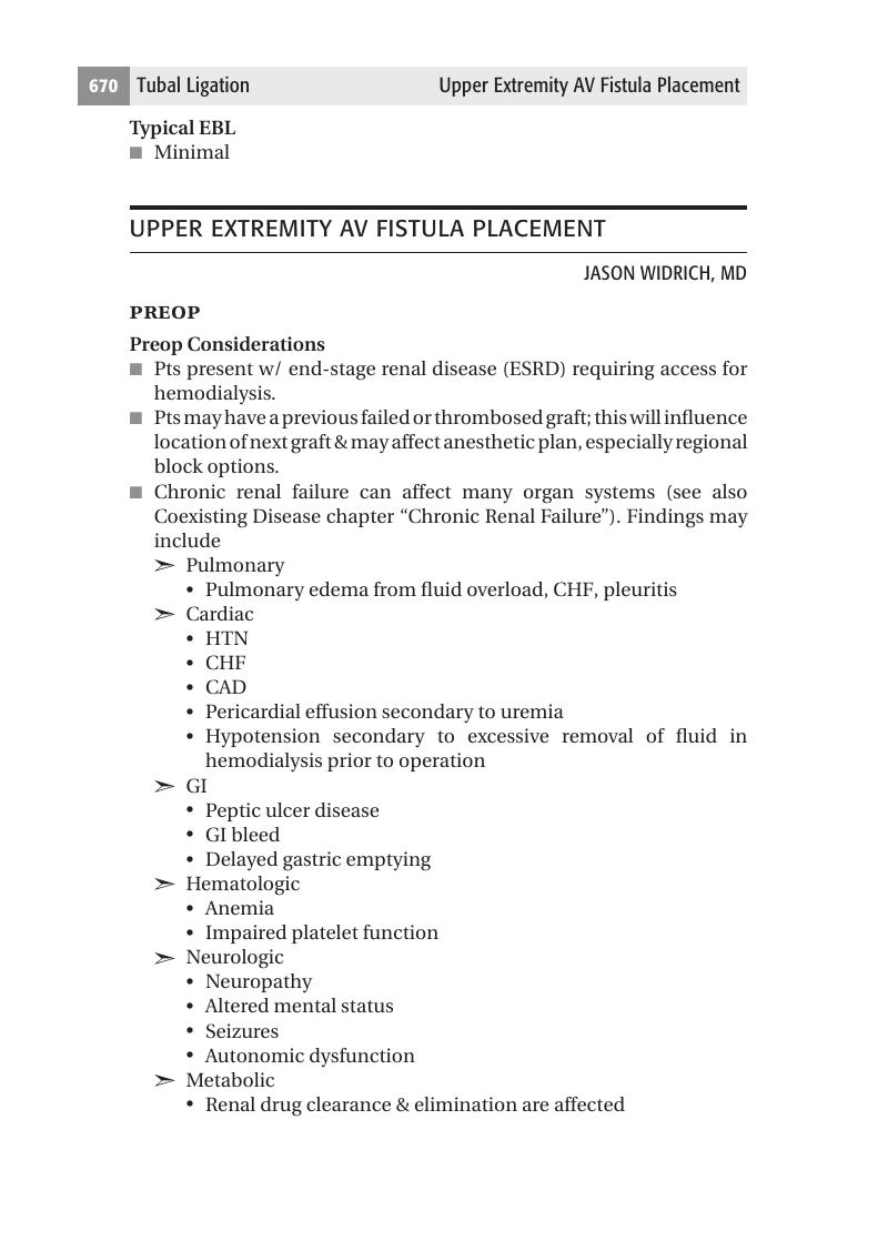 Upper Extremity AV Fistula Placement - Manual of Anesthesia Practice