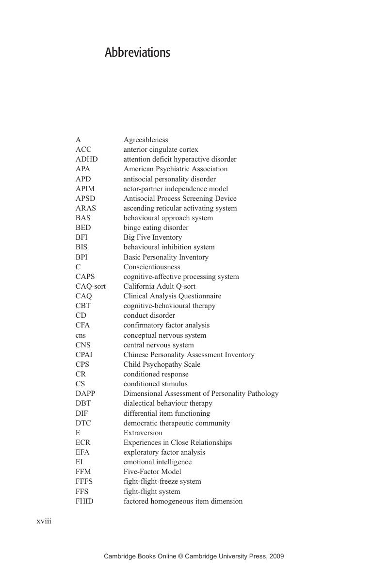 Abbreviations The Cambridge Handbook of Personality Psychology