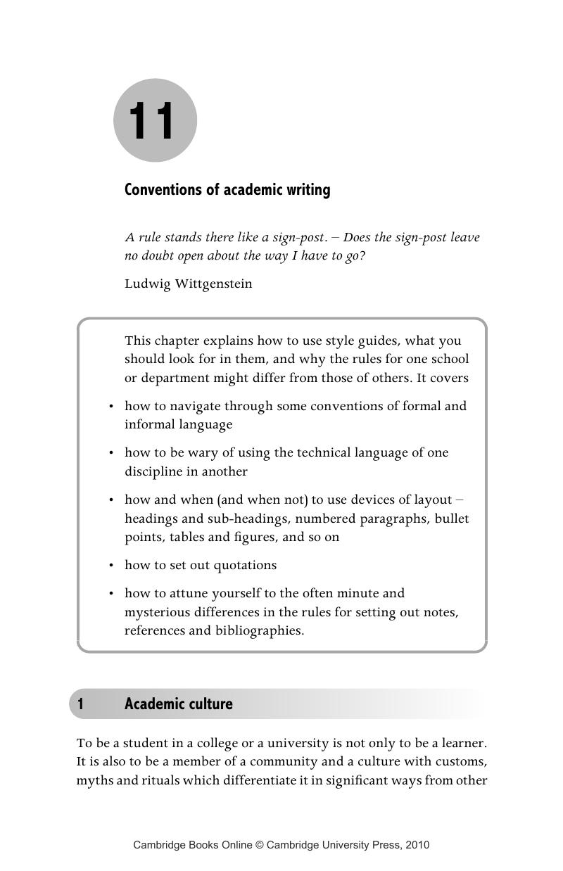 Conventions of academic writing (Chapter 11) A Student's Writing Guide