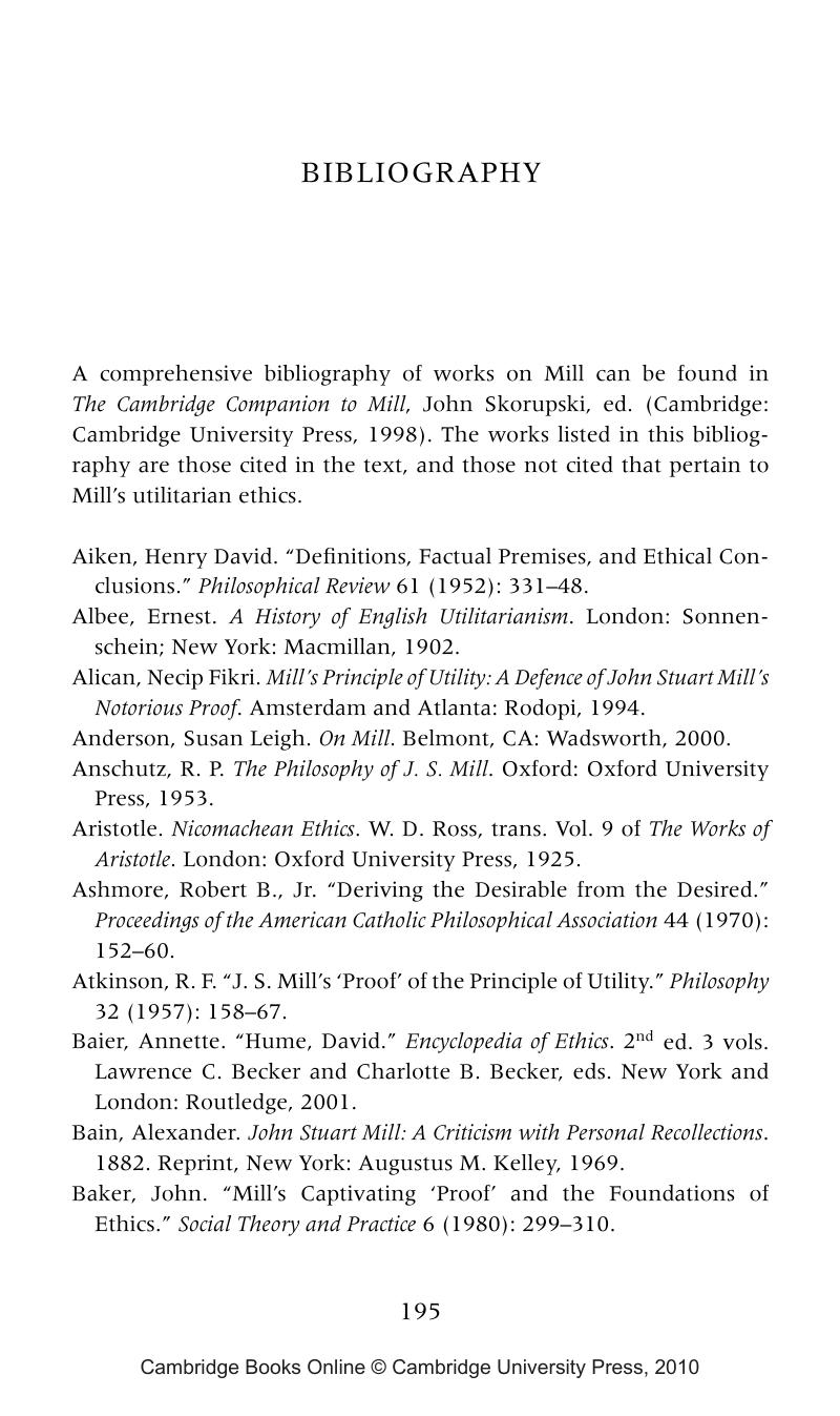 Bibliography - An Introduction to Mill's Utilitarian Ethics