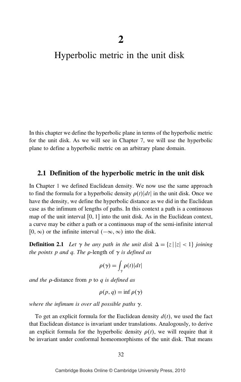 Hyperbolic Metric In The Unit Disk (Chapter 2) - Hyperbolic Geometry ...