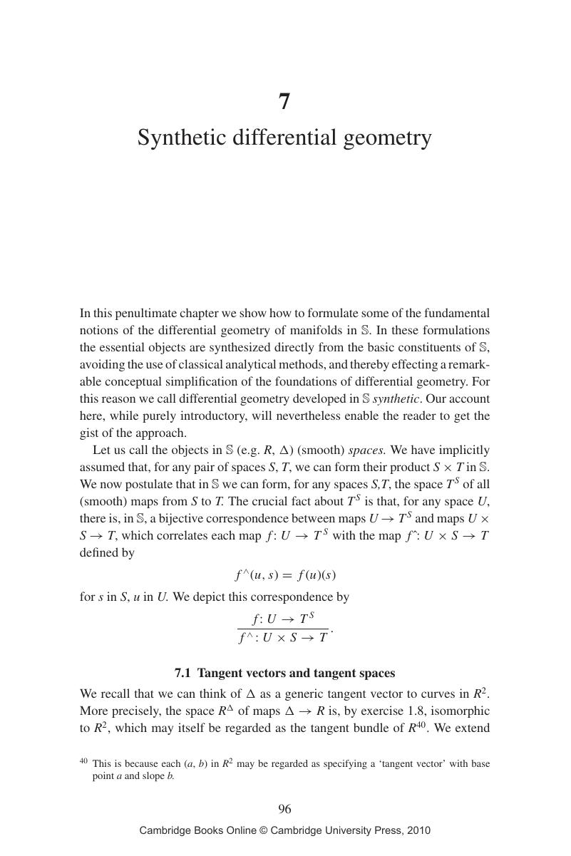 Synthetic differential geometry (Chapter 7) - A Primer of