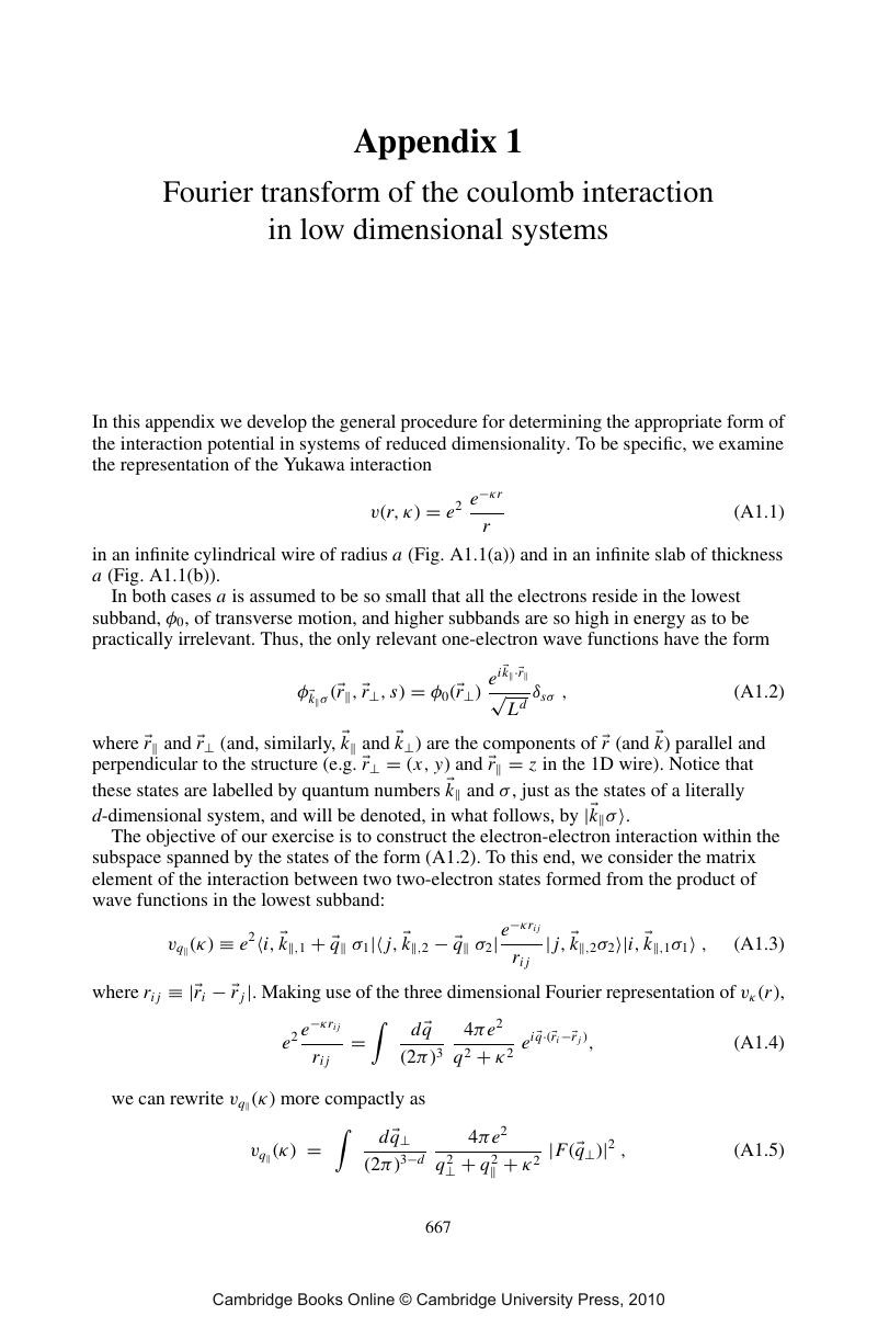 Fourier Transform Of The Coulomb Interaction In Low Dimensional Systems Appendix 1 Quantum