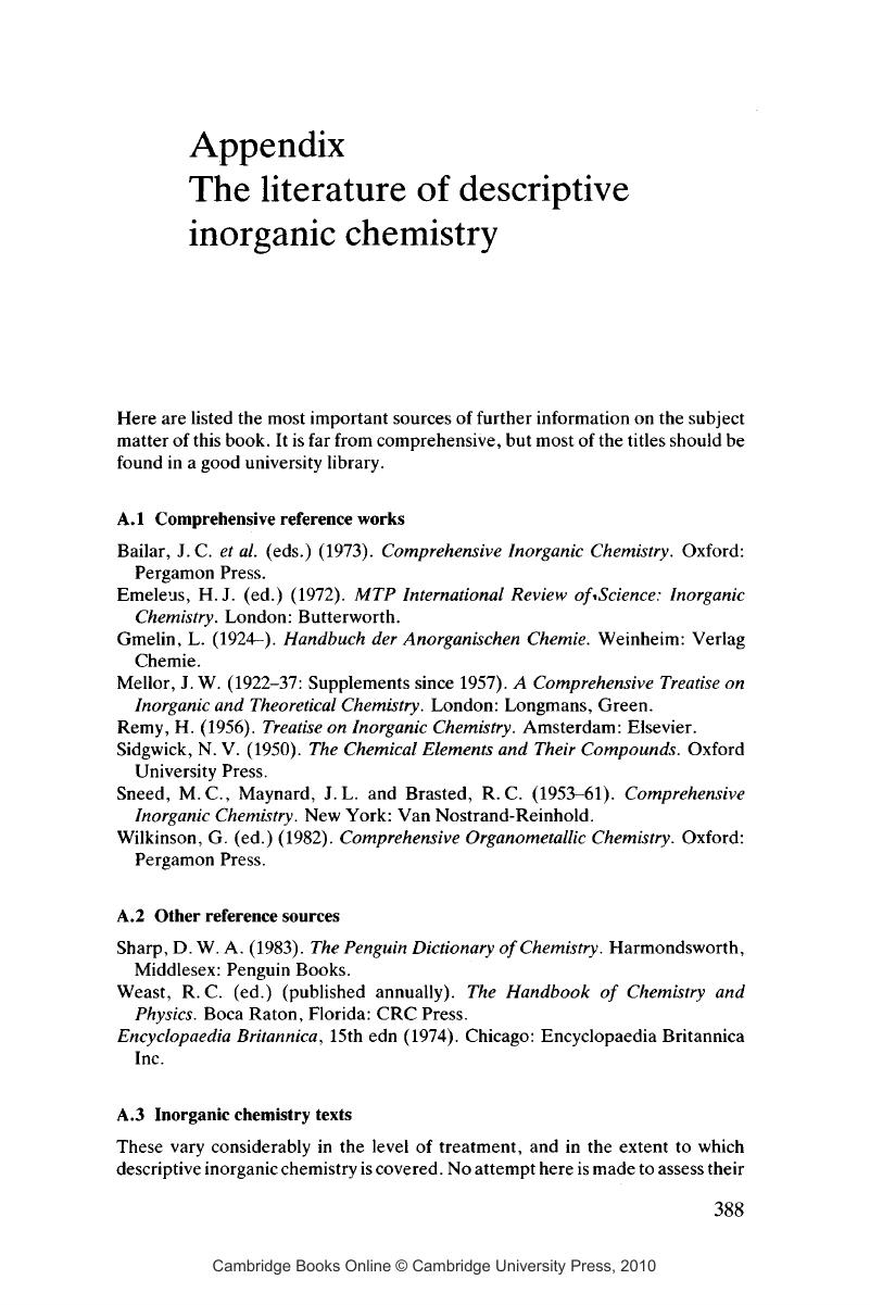 Appendix: The literature of descriptive inorganic chemistry