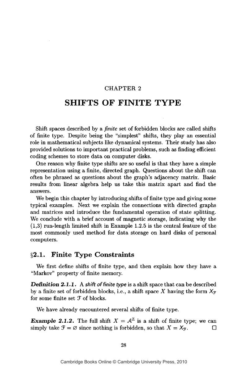 SHIFTS OF FINITE TYPE (CHAPTER 2) - An Introduction To Symbolic ...