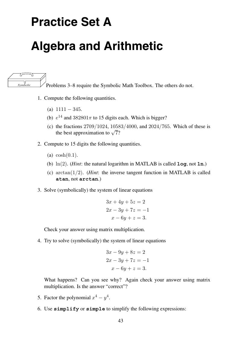 Practice Set A: Algebra And Arithmetic - A Guide To MATLAB