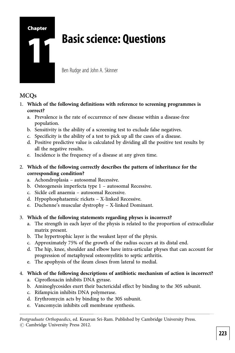 Basic Science: Questions (Chapter 11) - Postgraduate Orthopaedics