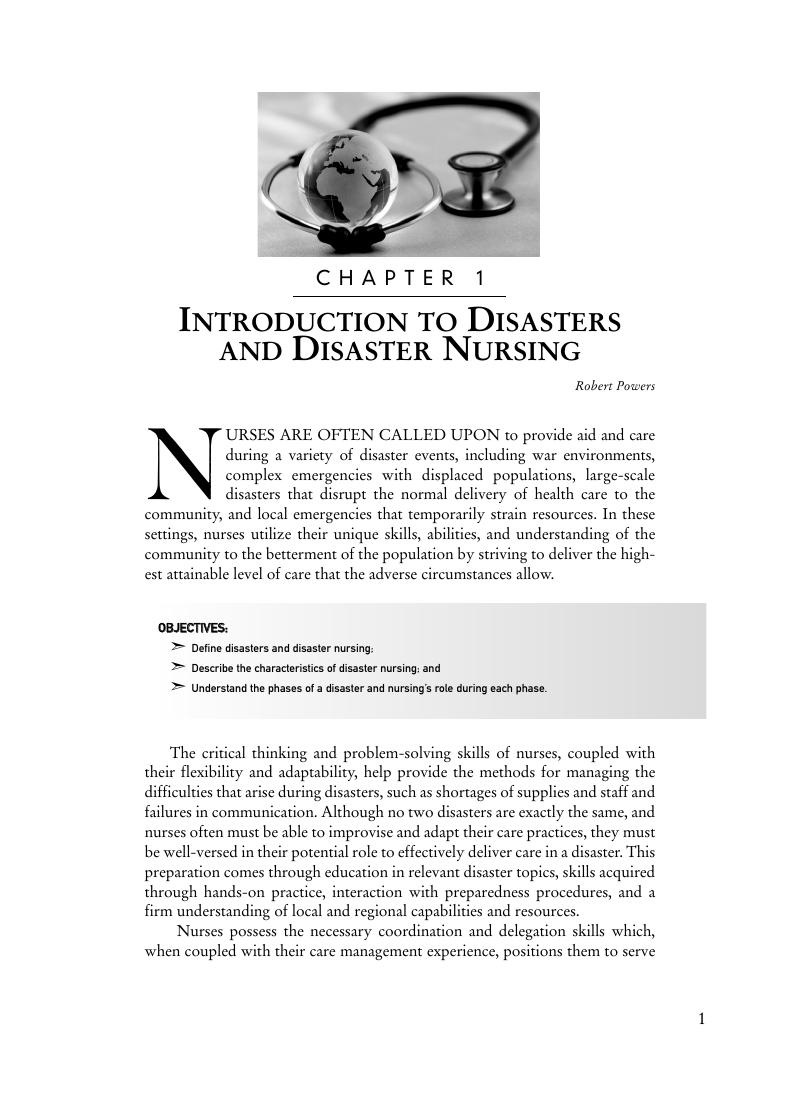 INTRODUCTION TO DISASTERS AND DISASTER NURSING (CHAPTER 1 ...