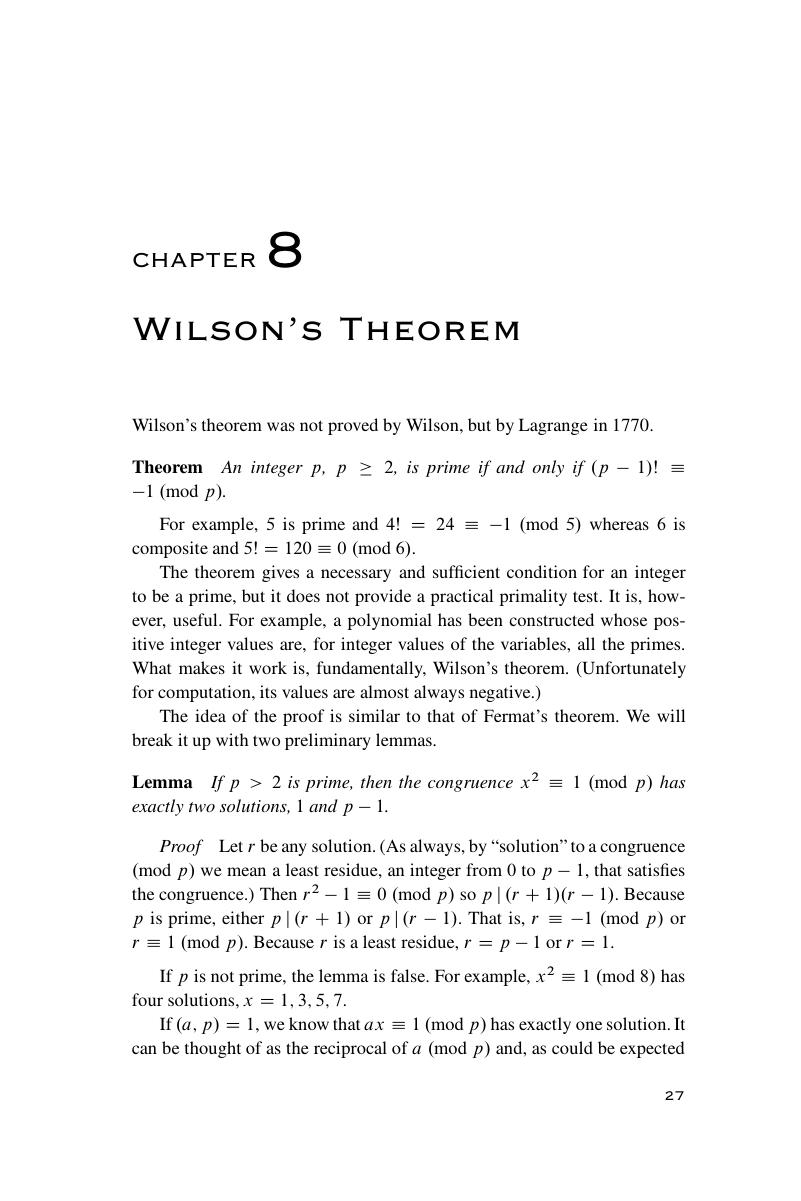 Wilsons Theorem Chapter 8 A Guide To Elementary Number Theory