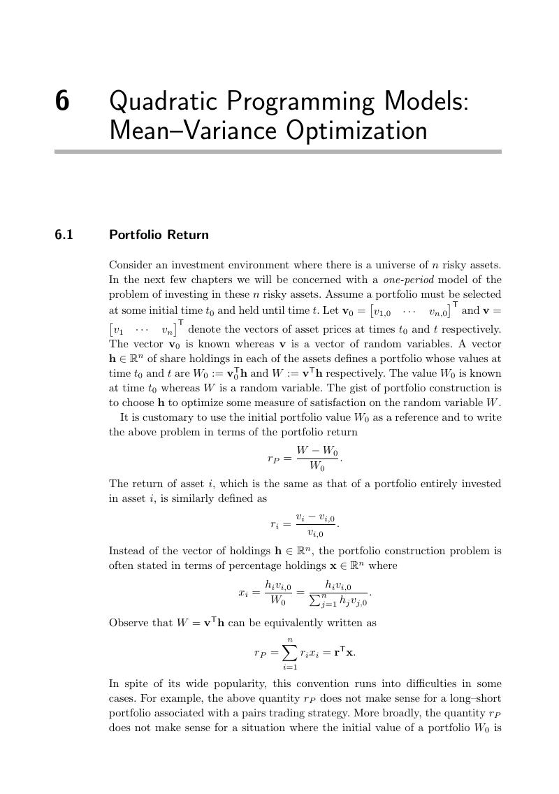 Quadratic Programming Models: Mean–variance Optimization (chapter 6 