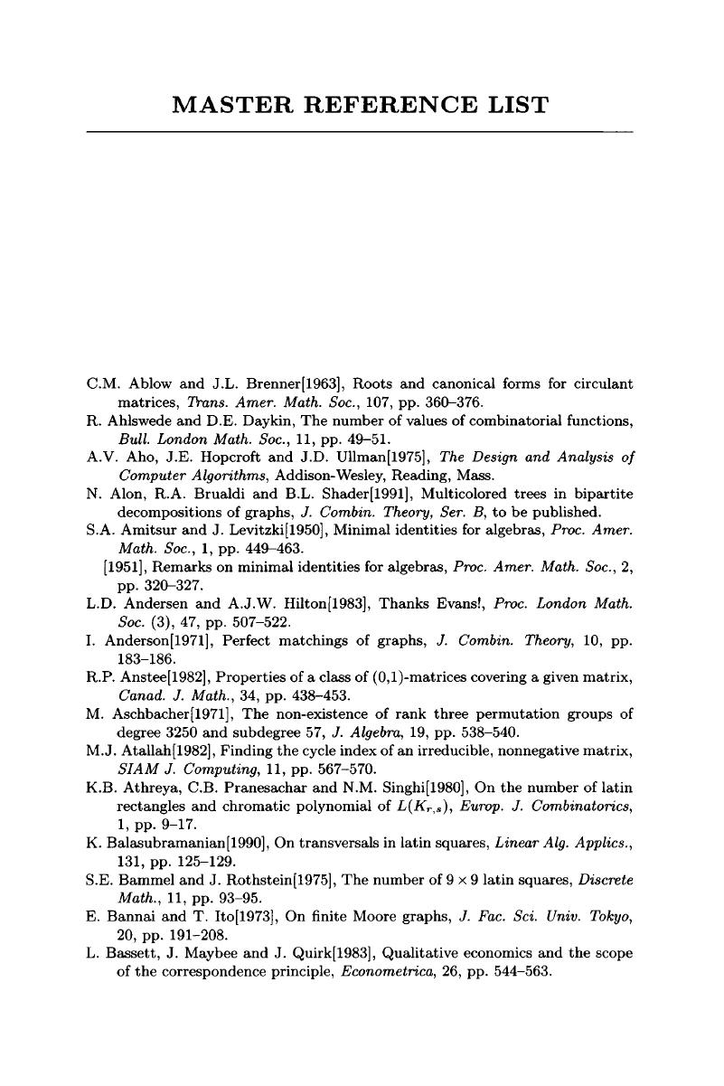 Master Reference List - Combinatorial Matrix Theory