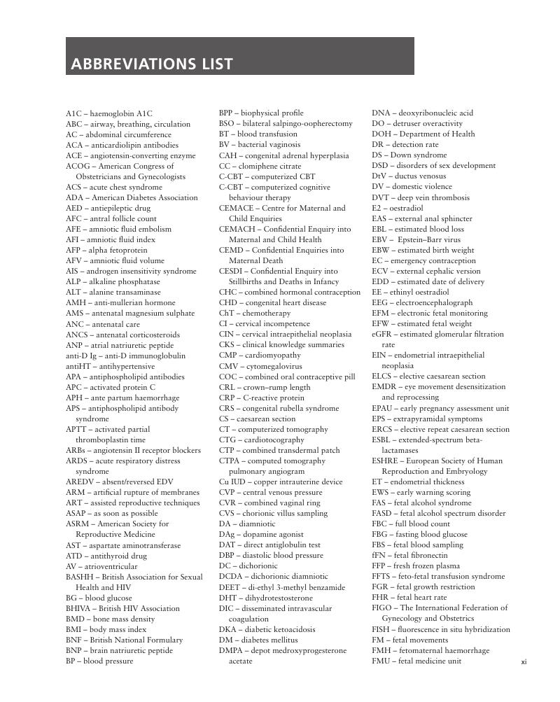 List of Abbreviations Obstetrics Evidence based Algorithms