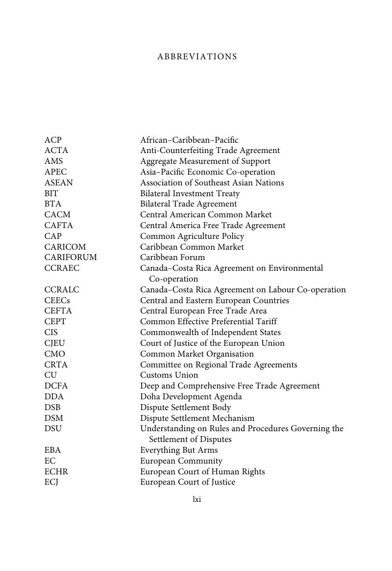 List Of Abbreviations - Bilateral And Regional Trade Agreements