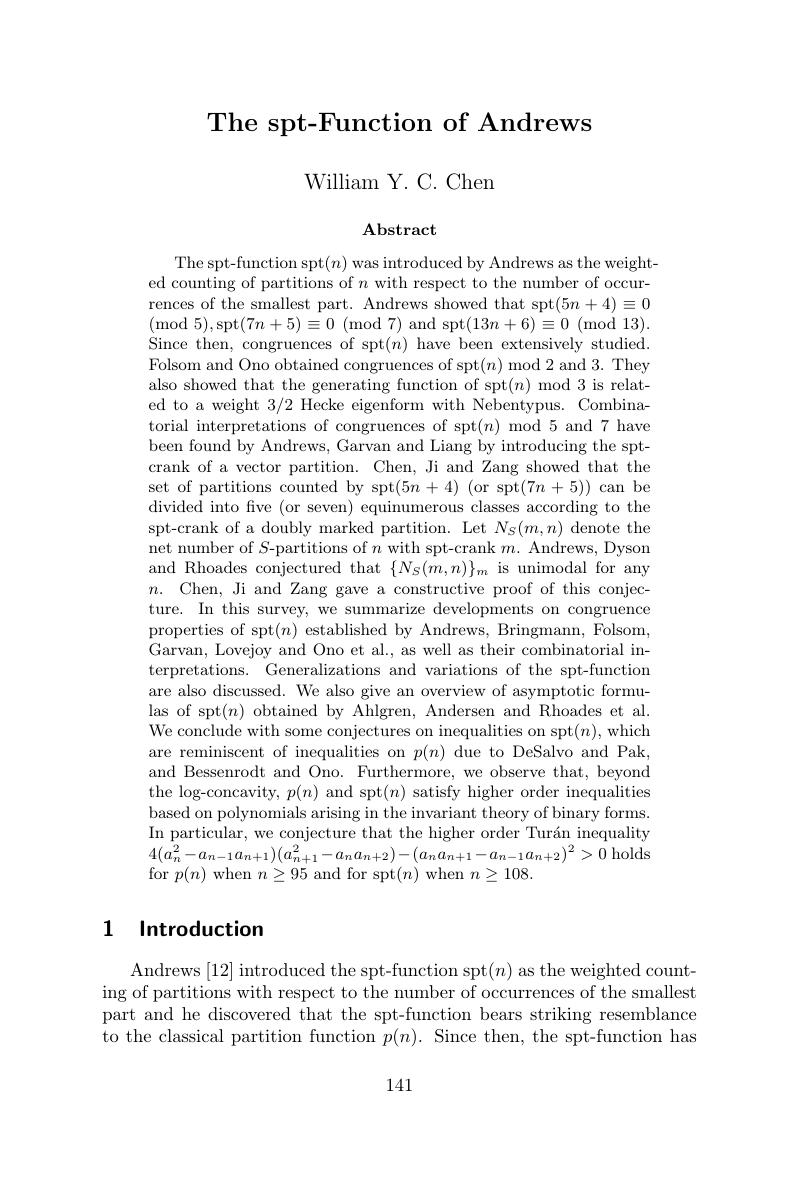 The spt-function of Andrews (Chapter 3) - Surveys in Combinatorics