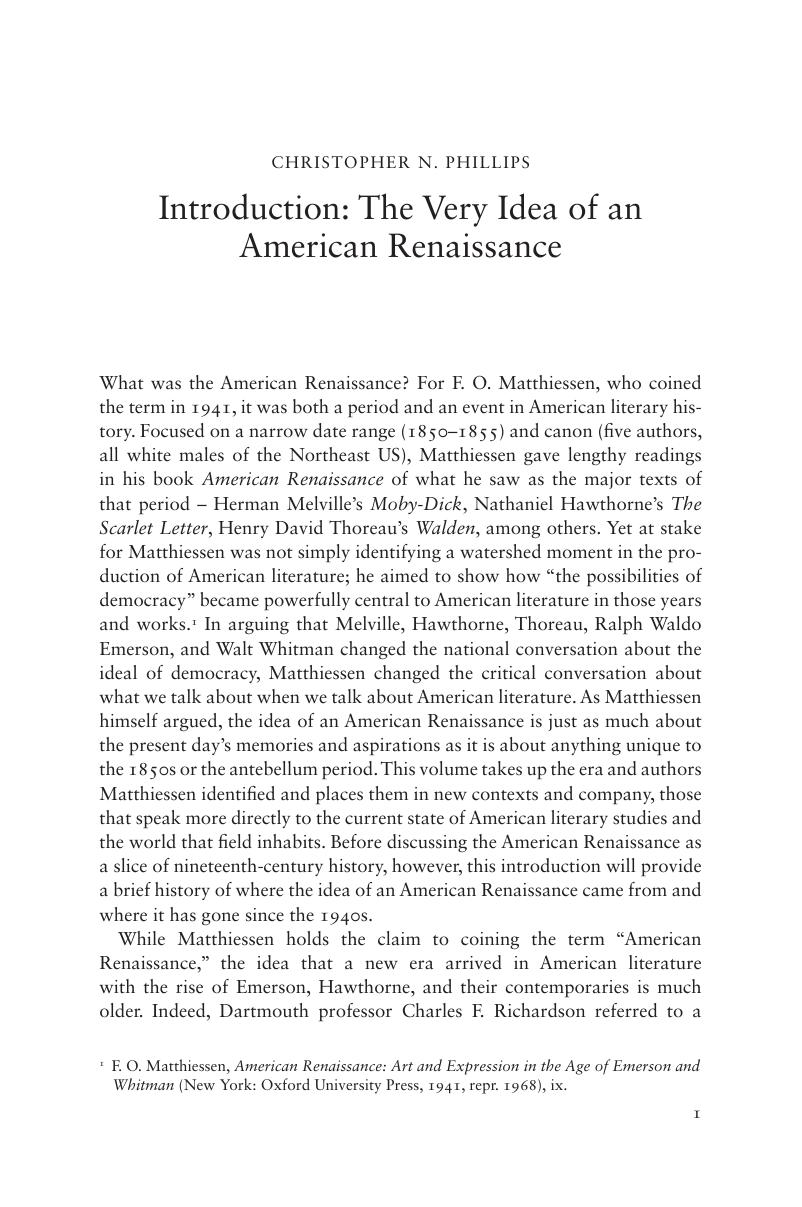 Introduction The Very Idea Of An American Renaissance The Cambridge