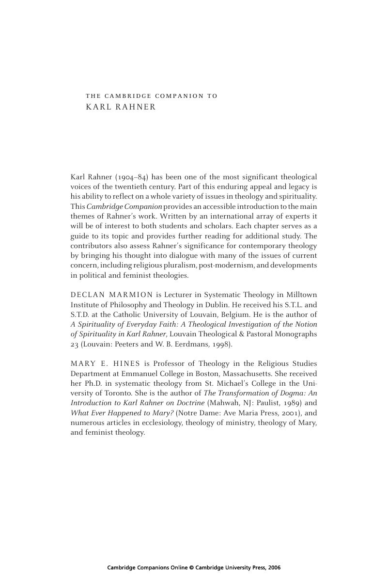 Frontmatter - The Cambridge Companion to Karl Rahner