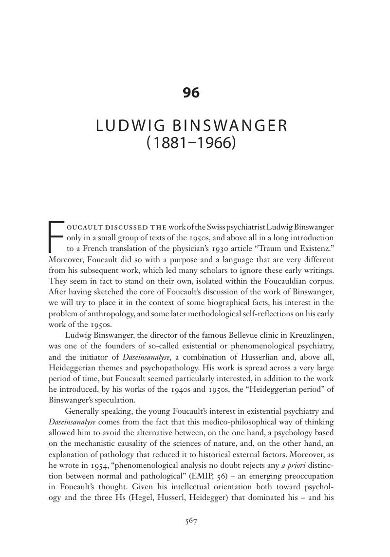 Ludwig Binswanger (1881–1966) (Chapter 96) - The Cambridge Foucault Lexicon