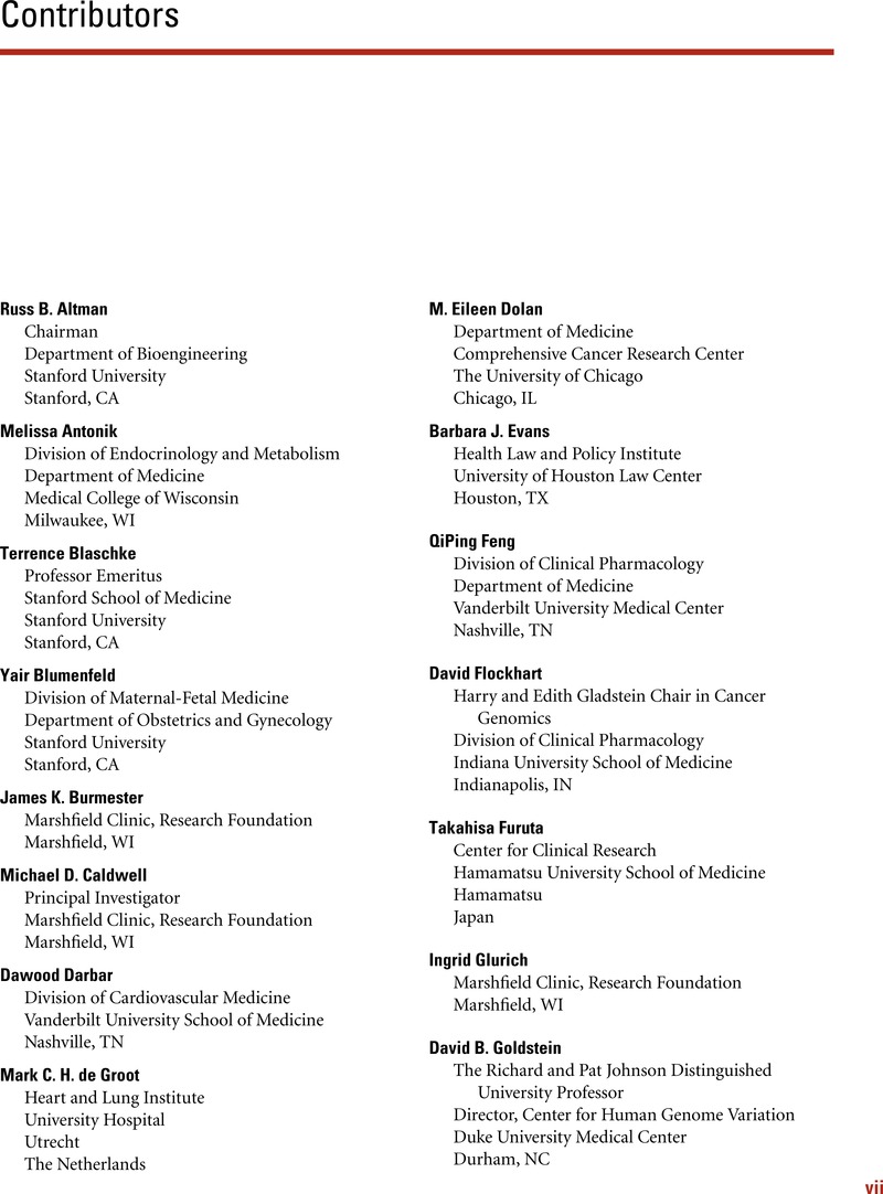 Contributors - Principles Of Pharmacogenetics And Pharmacogenomics