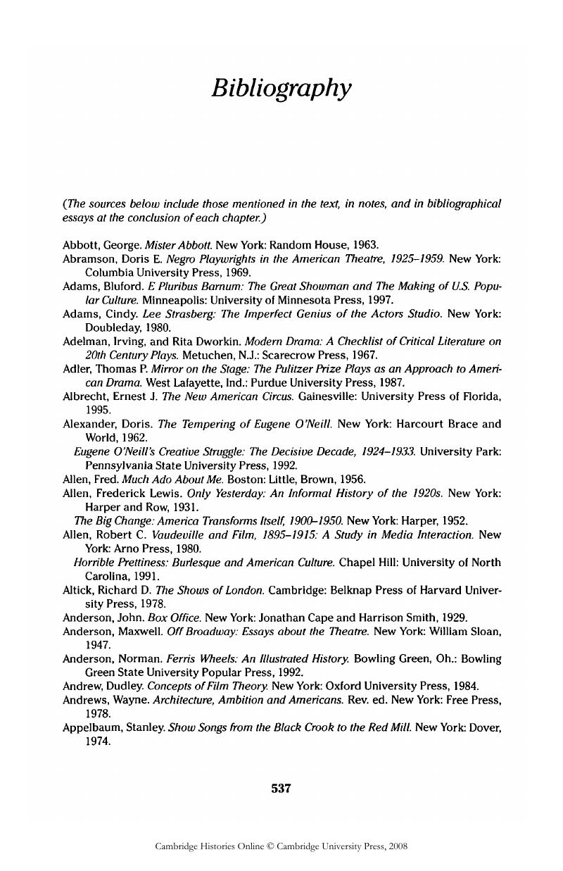 Bibliography The Cambridge History of American Theatre