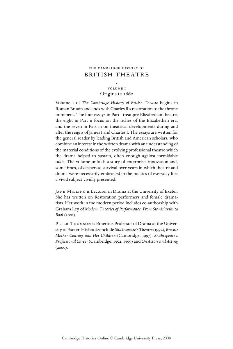 Frontmatter - The Cambridge History Of British Theatre