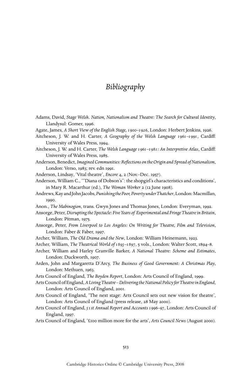 Bibliography The Cambridge History of British Theatre