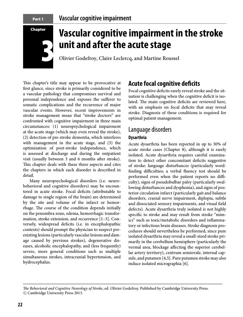 Vascular Cognitive Impairment In The Stroke Unit And After The Acute ...