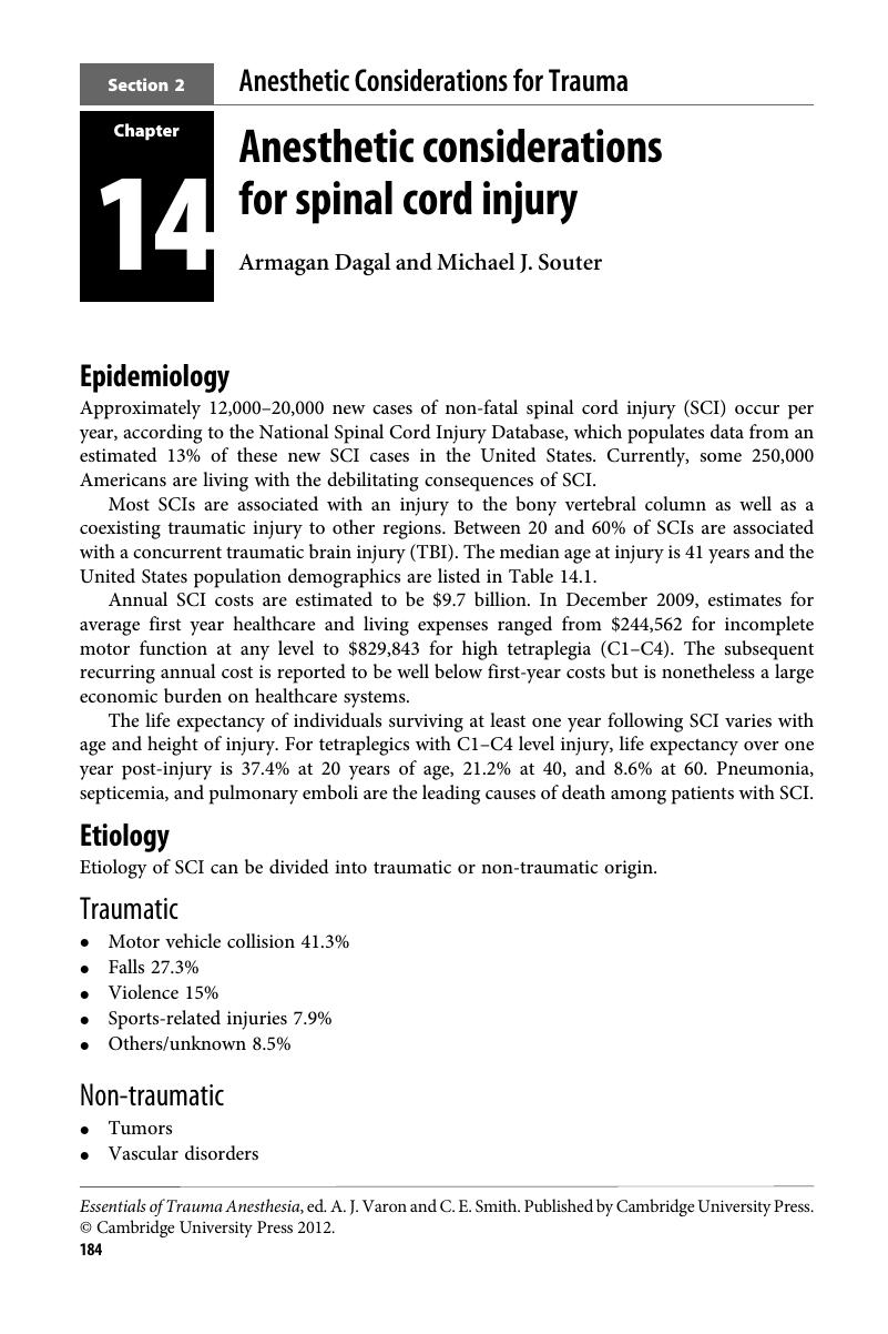 Anesthetic Considerations For Spinal Cord Injury (Chapter 14 ...