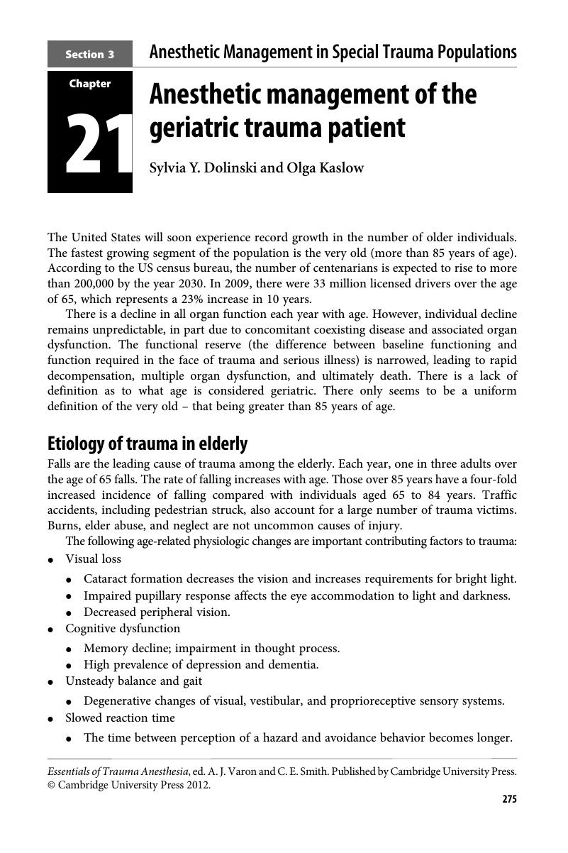 Anesthetic Management Of The Geriatric Trauma Patient (Chapter 21 ...
