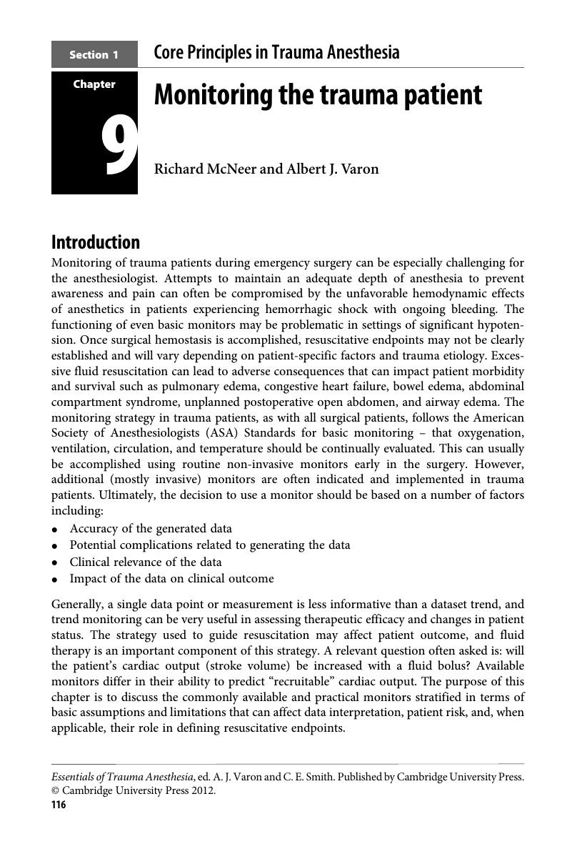 Monitoring The Trauma Patient (Chapter 9) - Essentials Of Trauma Anesthesia