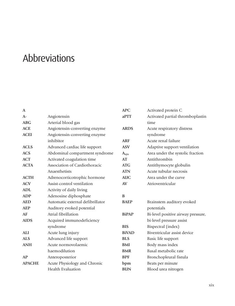 Abbreviations Core Topics In Cardiothoracic Critical Care   FirstPage 9781139062381loa Pxix Xxiv CBO 