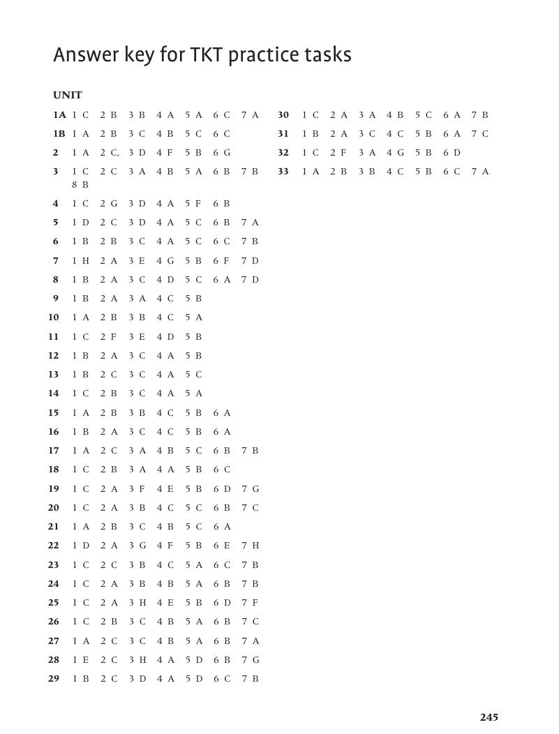 Answer key for TKT practice tasks - The TKT Course Modules 1, 2 and 3