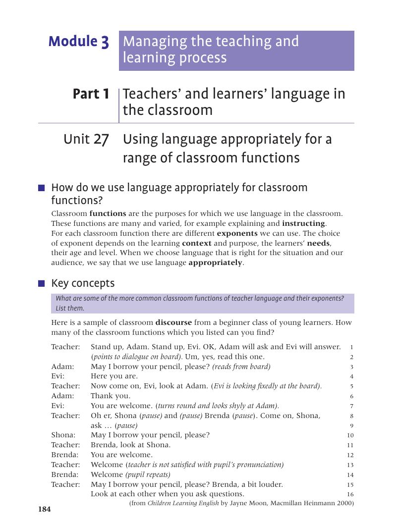 Using language appropriately for a range of classroom functions (Unit ...