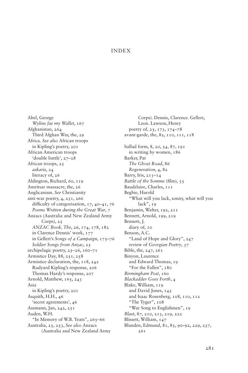 Index The Cambridge Companion to the Poetry of the First World War