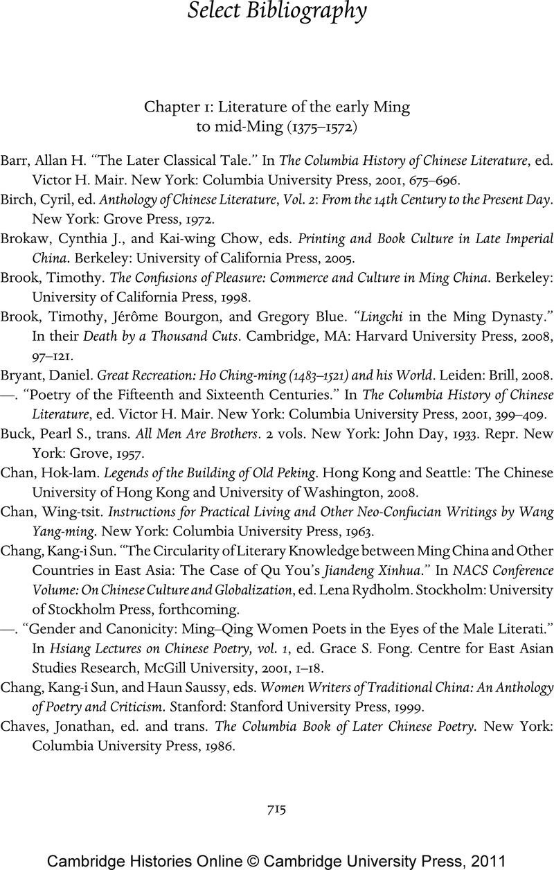 Select Bibliography - The Cambridge History of Chinese Literature