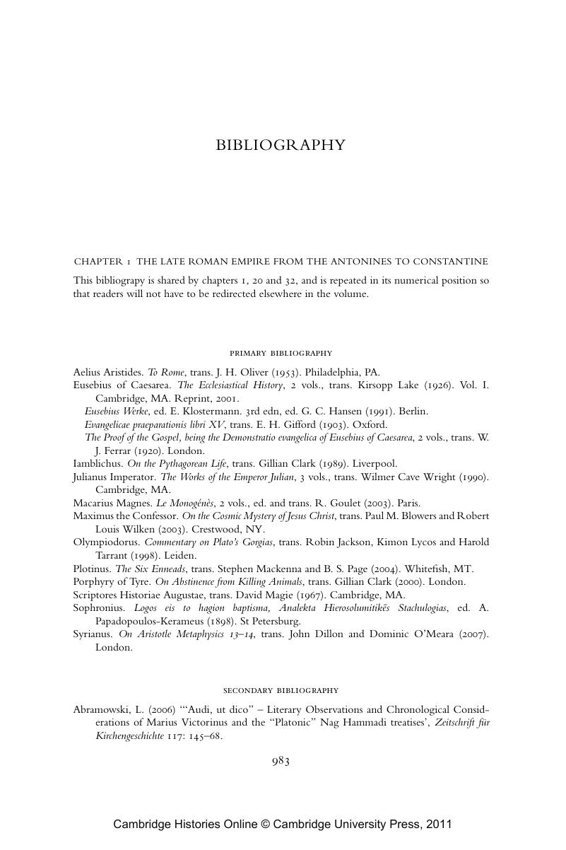 Bibliography - The Cambridge History of Philosophy in Late Antiquity