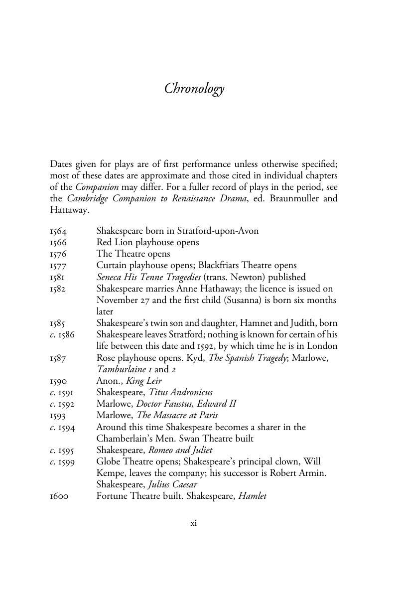 Chronology The Cambridge Companion To Shakespearean Tragedy