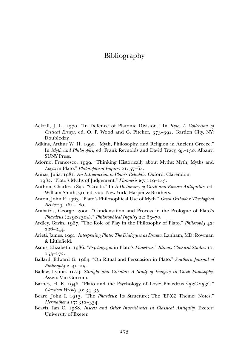 Bibliography - Myth and Philosophy in Plato's Phaedrus