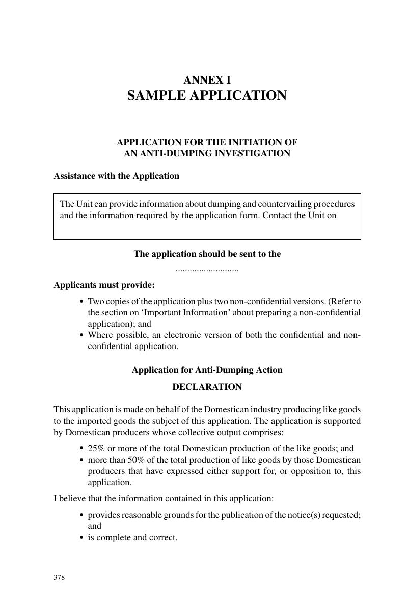 Sample Application (ANNEX I) - A Handbook On Anti-Dumping Investigations