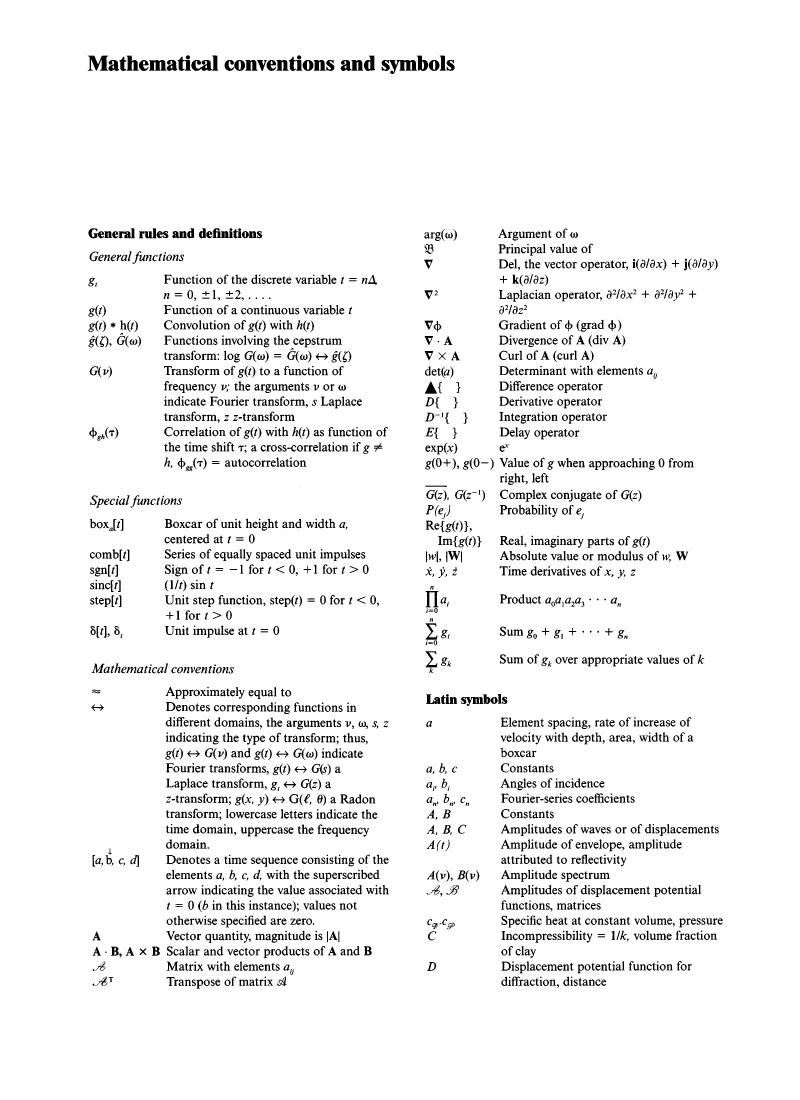 Mathematical conventions and symbols - Exploration Seismology