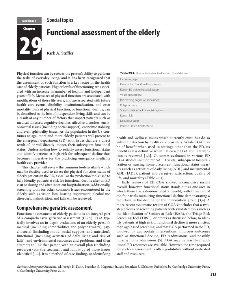 Functional Assessment Of The Elderly Chapter 29 Geriatric Emergency   FirstPage 9781139250986c29 P313 321 CBO 