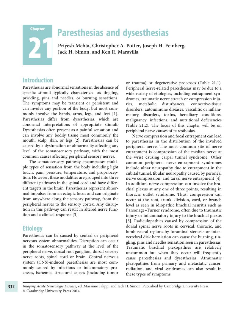 Paresthesias and dysesthesias (Chapter 21) Imaging Acute Neurologic