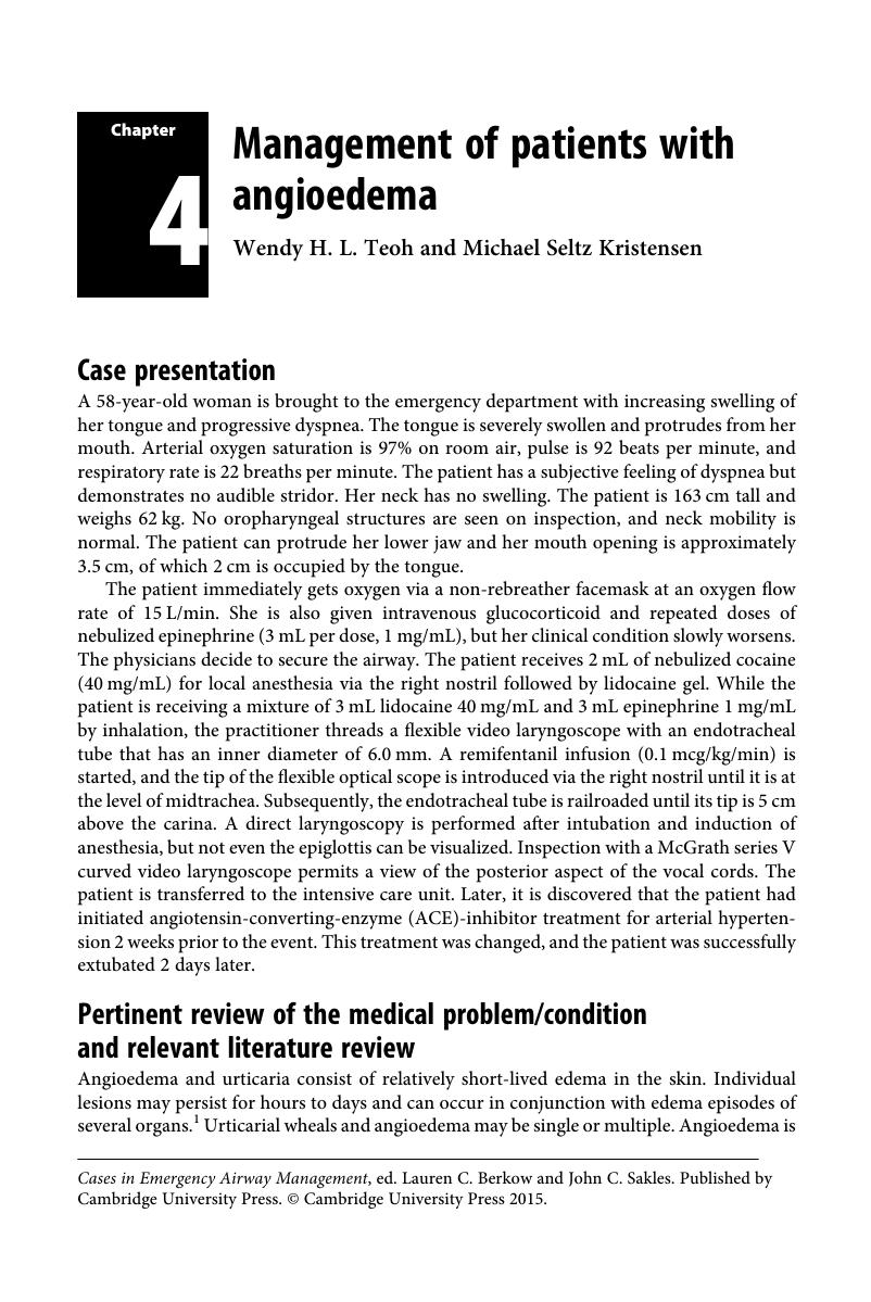 Management of patients with angioedema (Chapter 4) - Cases in Emergency ...