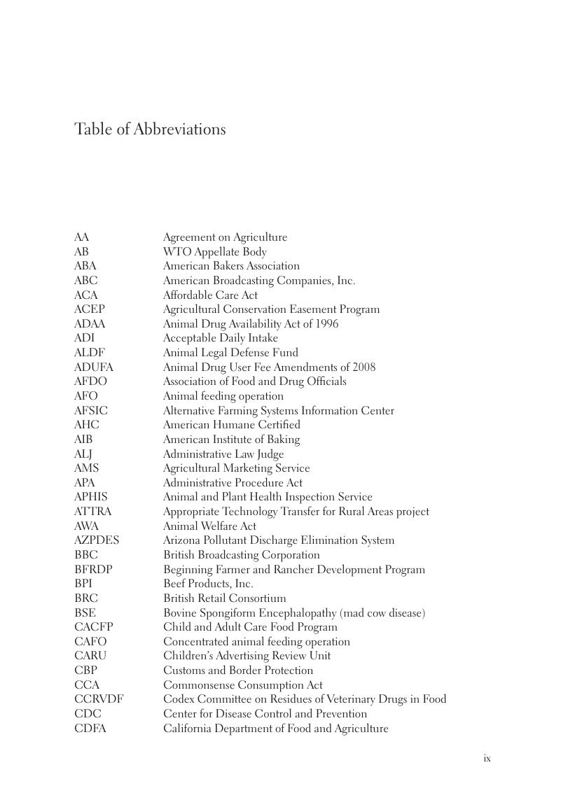 Table of Abbreviations - Food Law in the United States