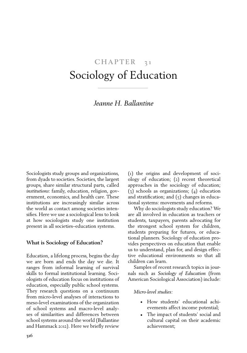 Sociology Of Education (Chapter 31) - The Cambridge Handbook Of Sociology