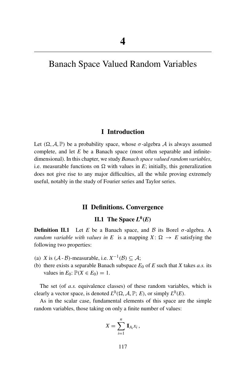 Banach Space Valued Random Variables (Chapter 4) - Introduction to