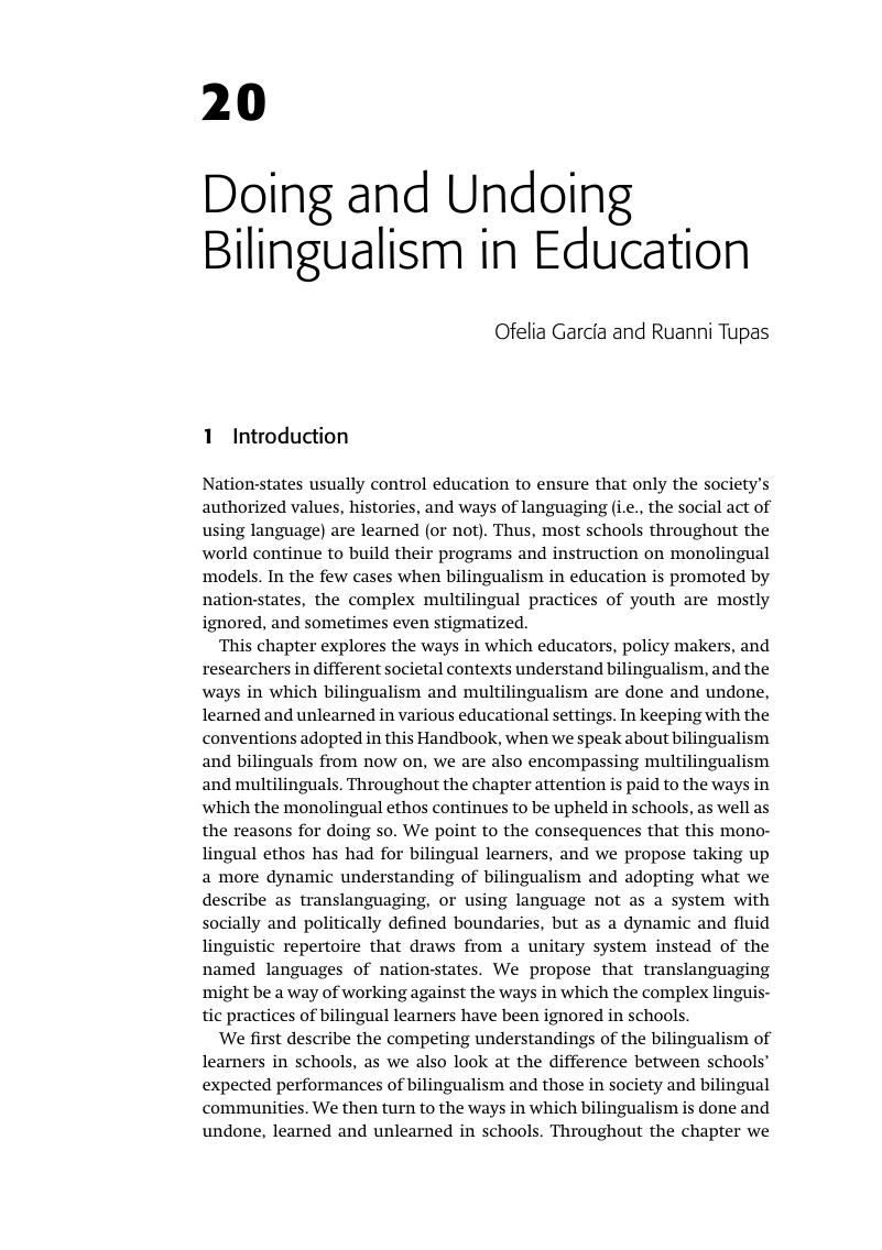 Doing And Undoing Bilingualism In Education (Chapter 20) - The ...