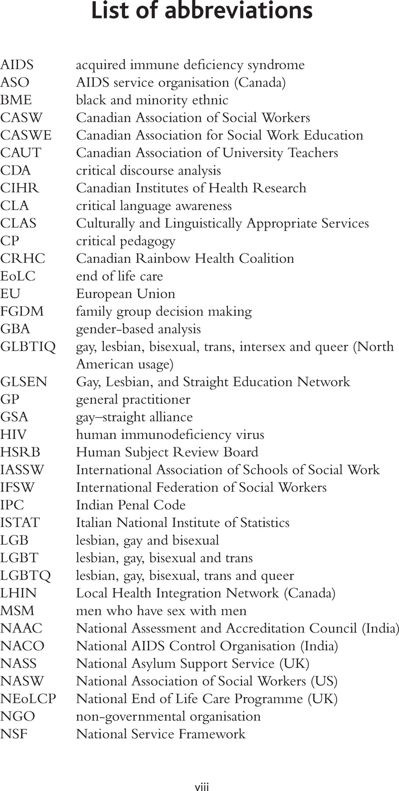 List Of Abbreviations Lgbt Health Inequalities